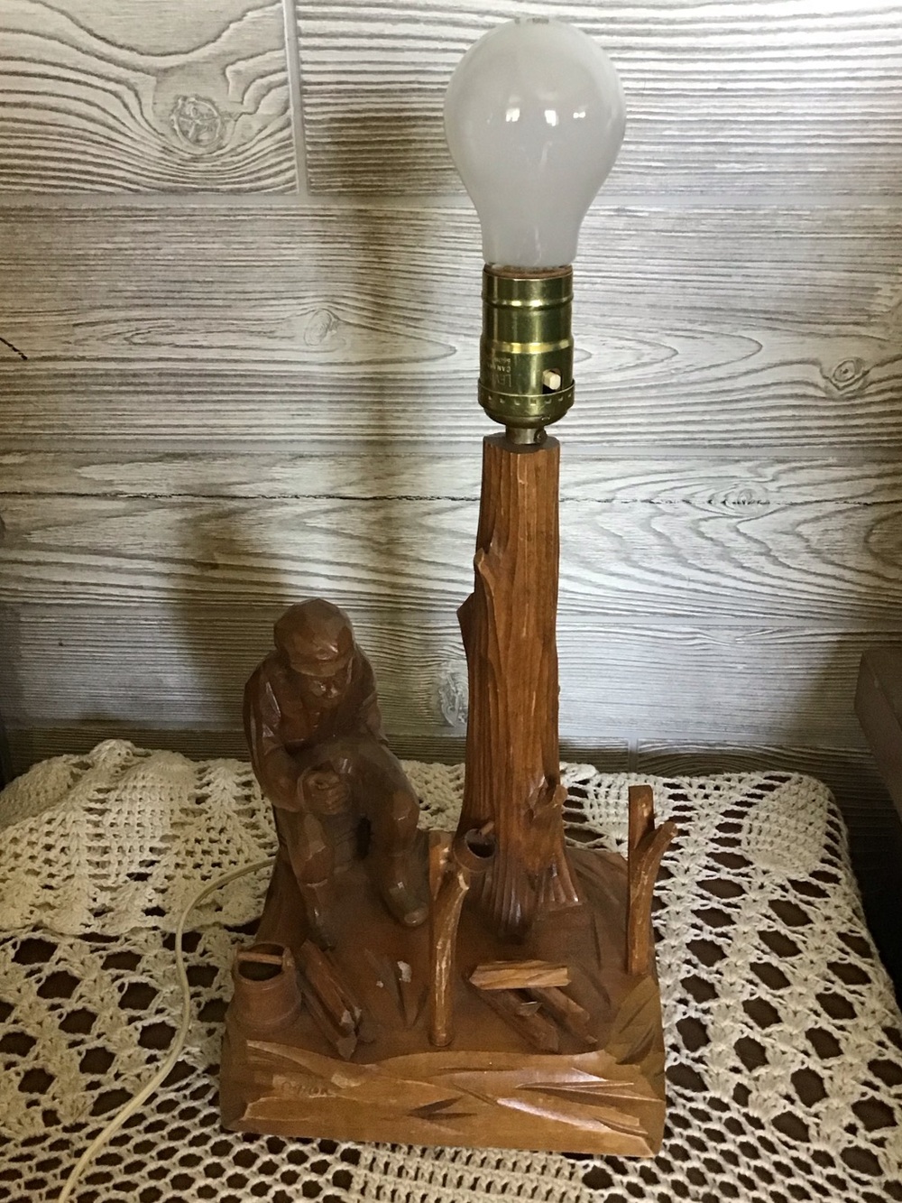 Vintage Quebec Folk art Hand carved Lamp. Signed PE Caron